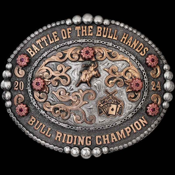 A custom oval bull riding belt buckle trophy for Australian Ridetuff Novice Bull Rider Champion featuring a bronc rider and steer wrestler figure 